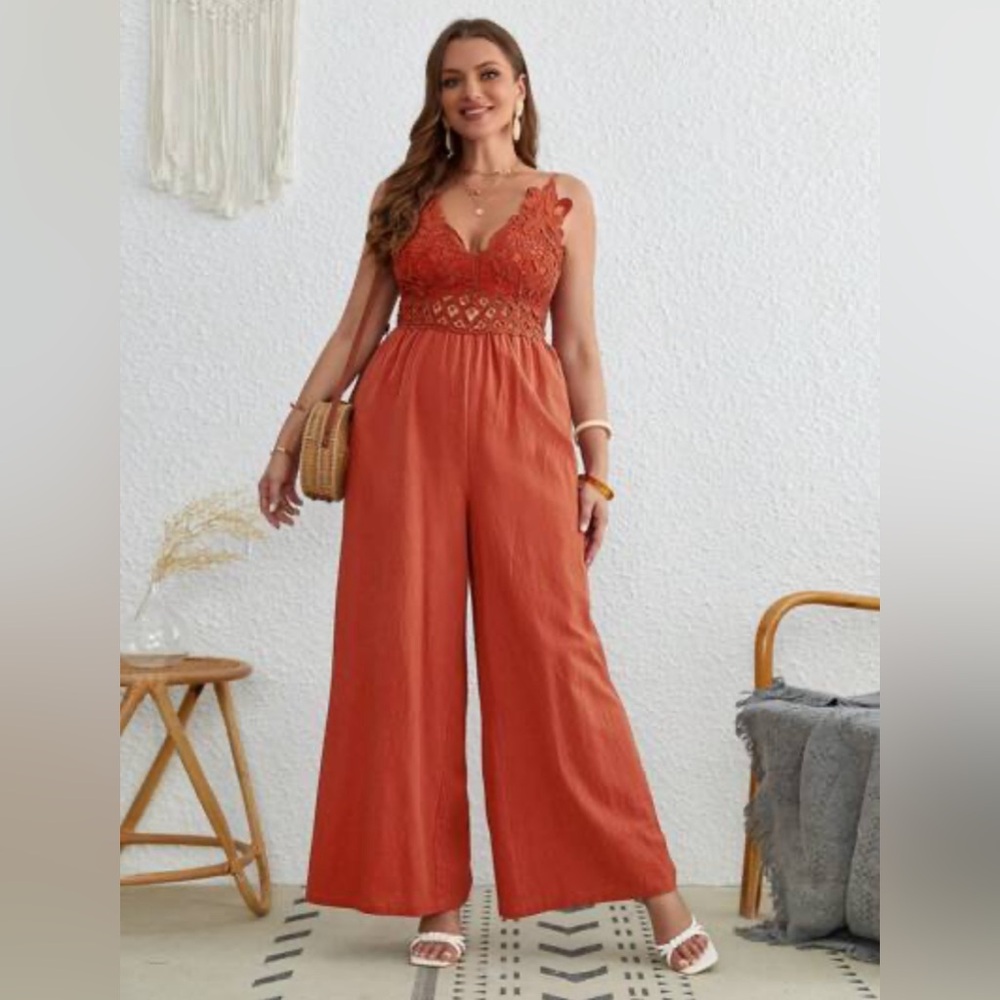 SHEIN - 3XL - NWT -  Guipure adjustable straps lace panel wide leg jumpsuit